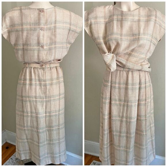 Vintage Michelle Stuart Linen Blend Textured Plaid Two Piece Set Beige Small M - Picture 1 of 15